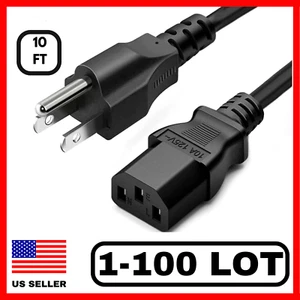 Lot 1-100 AC 3 Prong Universal Power Cord Long 10FT Cable For Computer Xbox Dell - Afbeelding 1 van 9