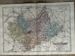 1885 Leicestershire & Rutland Original Hand Coloured Antique Map by G.W. Bacon