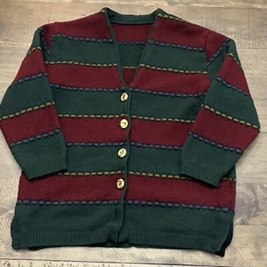 Vintage 60s Green Red Wool Handmade Cardigan Sweater Hand Knit Size S/M - Picture 1 of 10