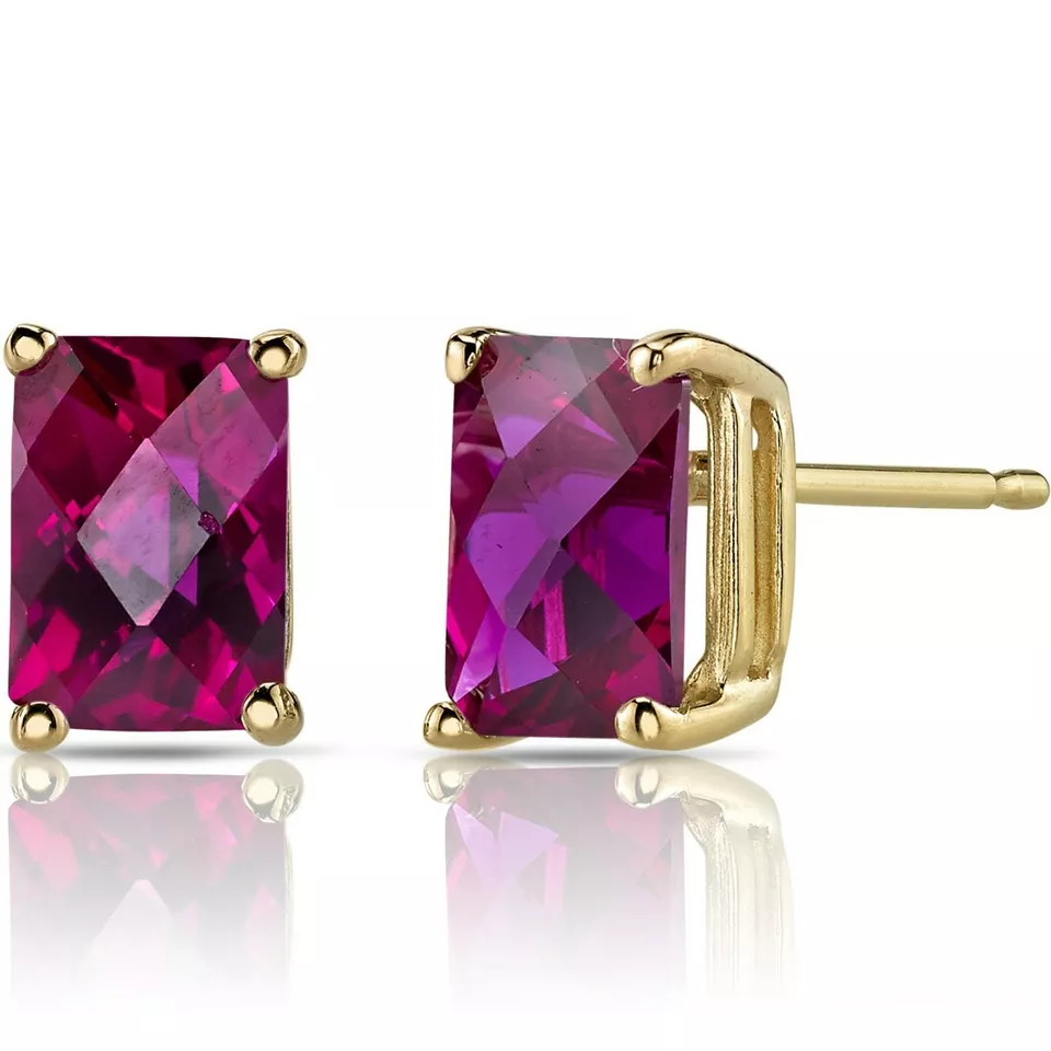 2.57 ct Radiant Cut Red Lab-Created Ruby Stud Earrings in 14K Yellow Gold - Image 1 of 3