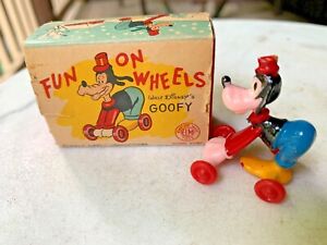 Vintage, WDP, "Fun on Wheels", Goofy Rolling Toy by Disney Plastic  with box