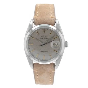 Vintage Rolex Oyster Date 6694 Watch Rare Silver Linen Dial Tan Leather Band - Picture 1 of 13