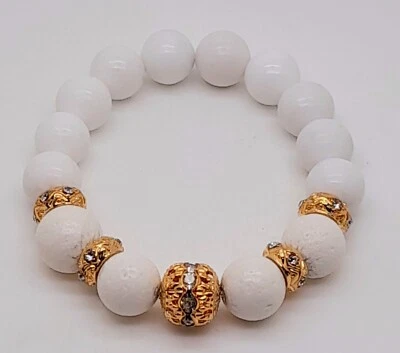 Pulsera elástica unisex hecha a mano con cuentas blancas redondas naturales joyas - 12 mm Foto 1 de 3