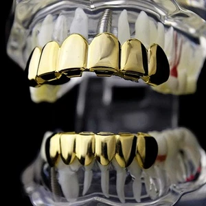 Best Grillz 14K Gold Plated Teeth Set Plain 6 Top Six Bottom Row Hip Hop Grills - Picture 1 of 7