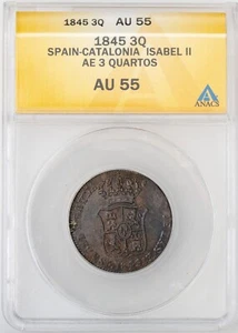Spain. Catalonia Isabel II 1845 3 Quartos ANACS AU-55 KM-126 - Picture 1 of 5