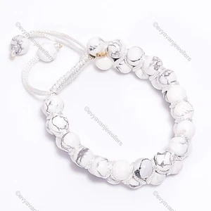White Howlite Gemstone 925 Sterling Silver Beaded Adjustable Bracelet For Girls - Picture 1 of 6