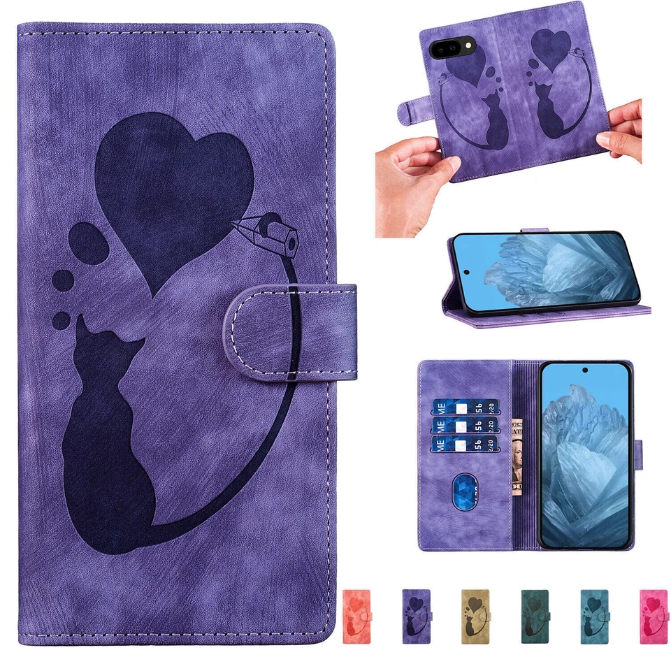 Love Cat PU Leather Wallet Phone Case For Google Pixel 9A 8A 7A 7 8 9 Pro XL - Image 1 of 4