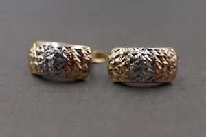 14K Solid Yellow Gold Tri Color Fancy Diamond Cut 7MM Wide Hoop Huggie Earring. - Picture 1 of 9