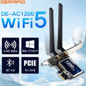 Derapid AC1200 WiFi Adapter Bluetooth Dual Band 2.4GHZ/5Ghz PCIE Wireless - Picture 1 of 6