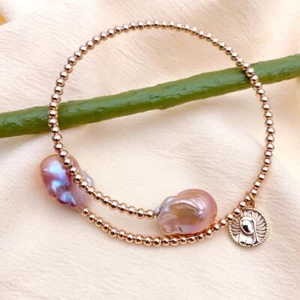 12x17mm Freshwater Purple Baroque Pearl Gold Plated Bangle Bracelet Adjustable - Picture 1 of 6