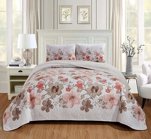 Coral Pink Brown White Floral 3 pc Quilt Coverlet Set Twin Full Queen Cal King - Picture 1 of 4