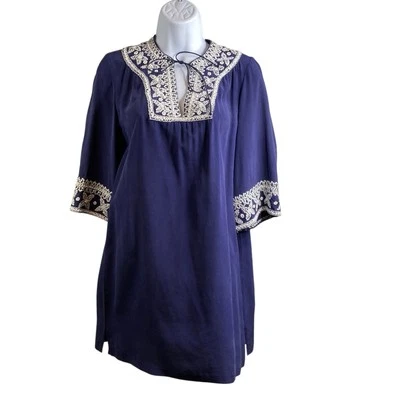 Top túnica Nieves Lavi azul marino 100 % seda bordada con cuentas talla 2 náutico preppy Foto 1 de 4