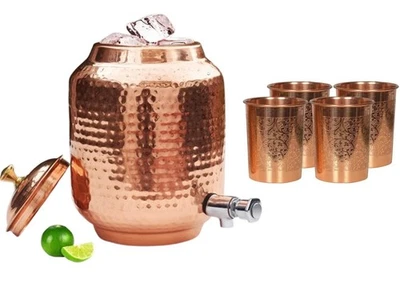 Pure Copper Hammered Water Dispenser 4 Liter Matka, Pot with 4 Embossed Glass - Image 1 of 4