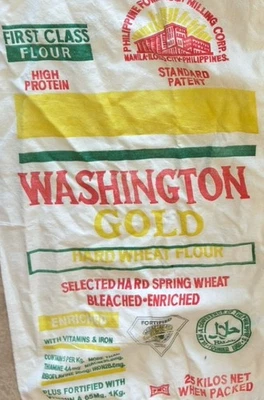 LOT WASHINGTON GOLD FLOUR Cloth SACK BAG 25 Kilos 1 Sided ADVERTISEMENT 4 READ - Image 1 of 4