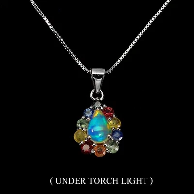 925 Sterling Silver Necklace Pear Fire Opal 7x5mm Sapphire Gemstone Jewelry 18in - Image 1 of 4