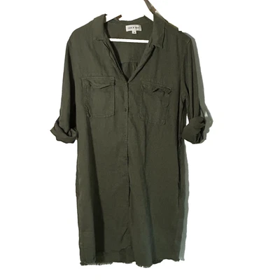 Cloth & Stone Dress Size Medium Olive Green Linen Blend Shirtdress Fringe Trim - Image 1 of 4