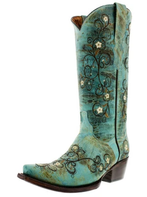Womens Cowboy Boots Turquoise Leather Flower Embroidered Ranch Wear Size 7, 7.5 - Image 1 of 4