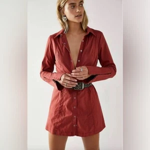 Free People Thea Cinnamon Snap Front Mini Dress Cotton Long Sleeve Women Medium - Picture 1 of 9