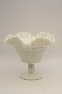Milk Glass Compote Paneled Grape Ruffled Rim Pedestal Westmoreland - Picture 1 of 12