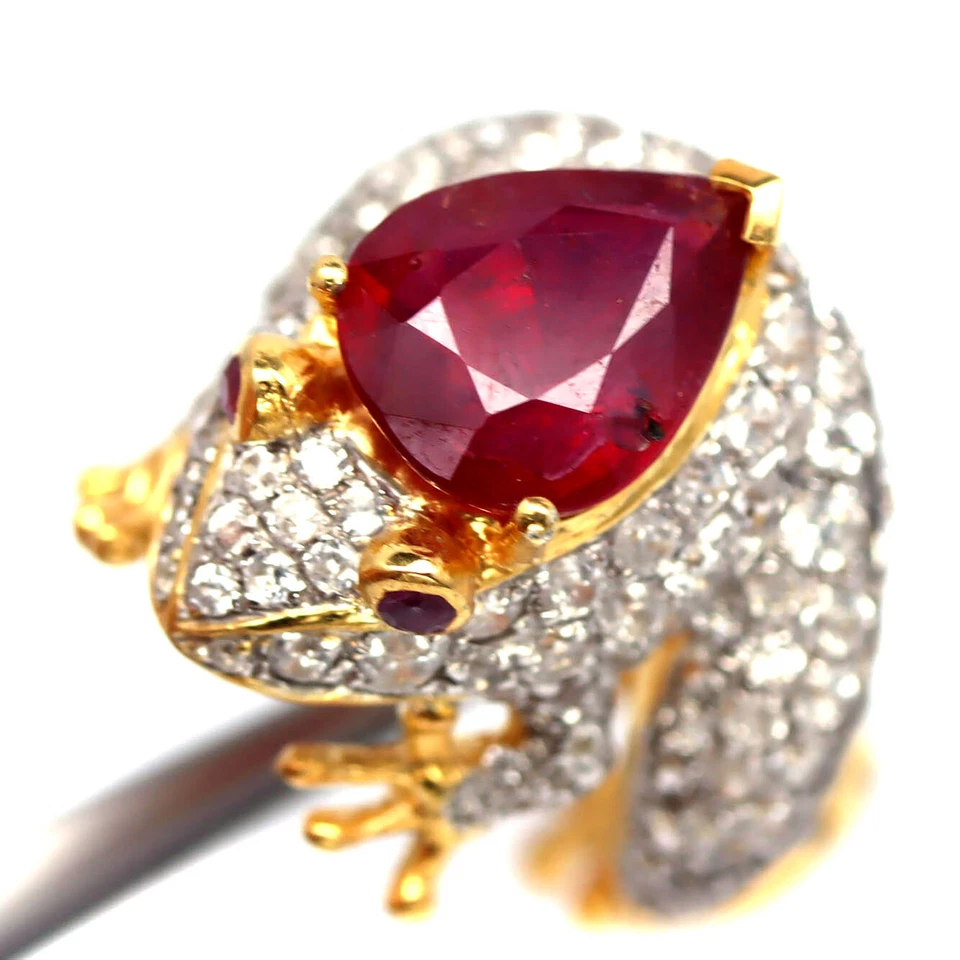 Piedras preciosas 10 x 13 mm. Anillo de plata 925 con rubí rojo y circón blanco rana para hombre talla 7,5 Foto 1 de 4