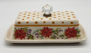 Pioneer Woman Holiday Cheer Stoneware Butter Dish Linen Glass Handle Poinsettia