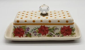 Pioneer Woman Holiday Cheer Stoneware Butter Dish Linen Glass Handle Poinsettia - Picture 1 of 12