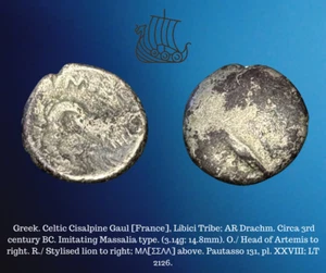 3rd Century BC France Celtic Cisalpine Gaul Libici AR Drachm Massalia Lion Coin - Picture 1 of 4