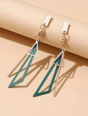 Women's Long Green Gold Metal Geometric Stud Dangle Drop Earrings Jewellery Gift - Image 1 of 4