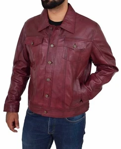 Mens Soft Leather Trucker Jacket Burgundy American Western Denim Levi Style Coat - Picture 1 of 12