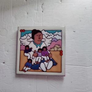 Art Tile Trivet Masterworks Ceramic Angel Mother Children Colorful Mountains - Picture 1 of 7
