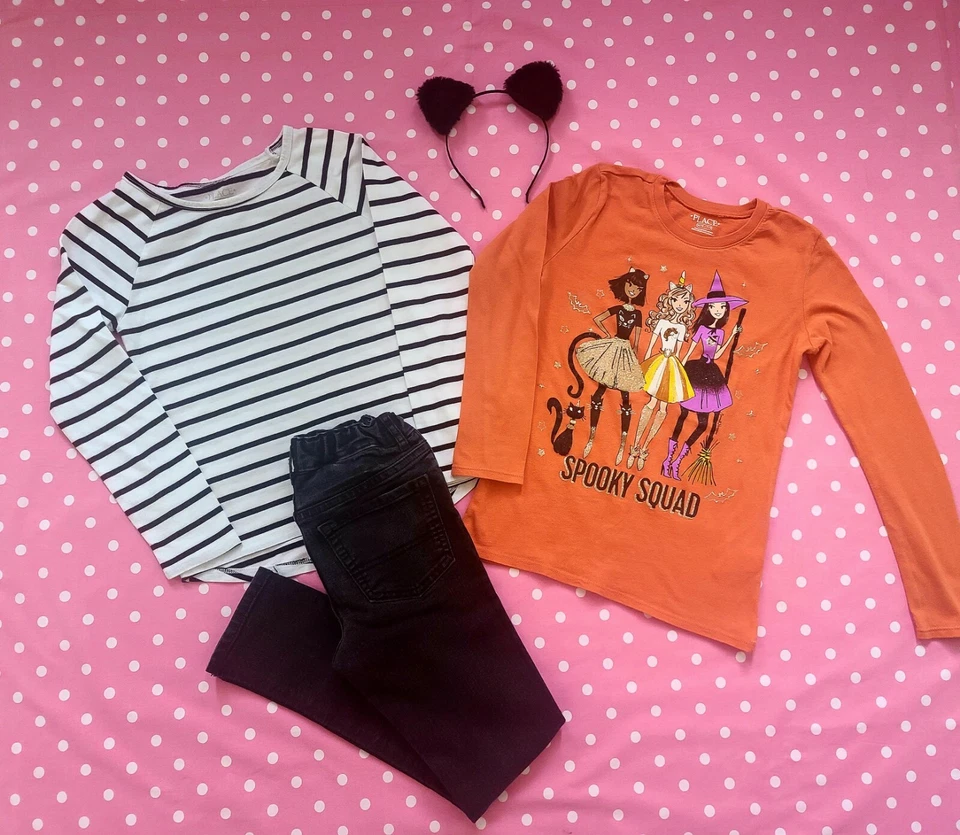the childrens place 4pc outfit witch striped top jean pants headband size 7 8 - Image 1 of 4