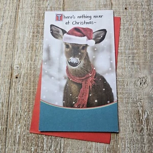 Recycled Paper Greetings Christmas Gift Card Holder 4x7 Deer Santa Hat Snow - Picture 1 of 8
