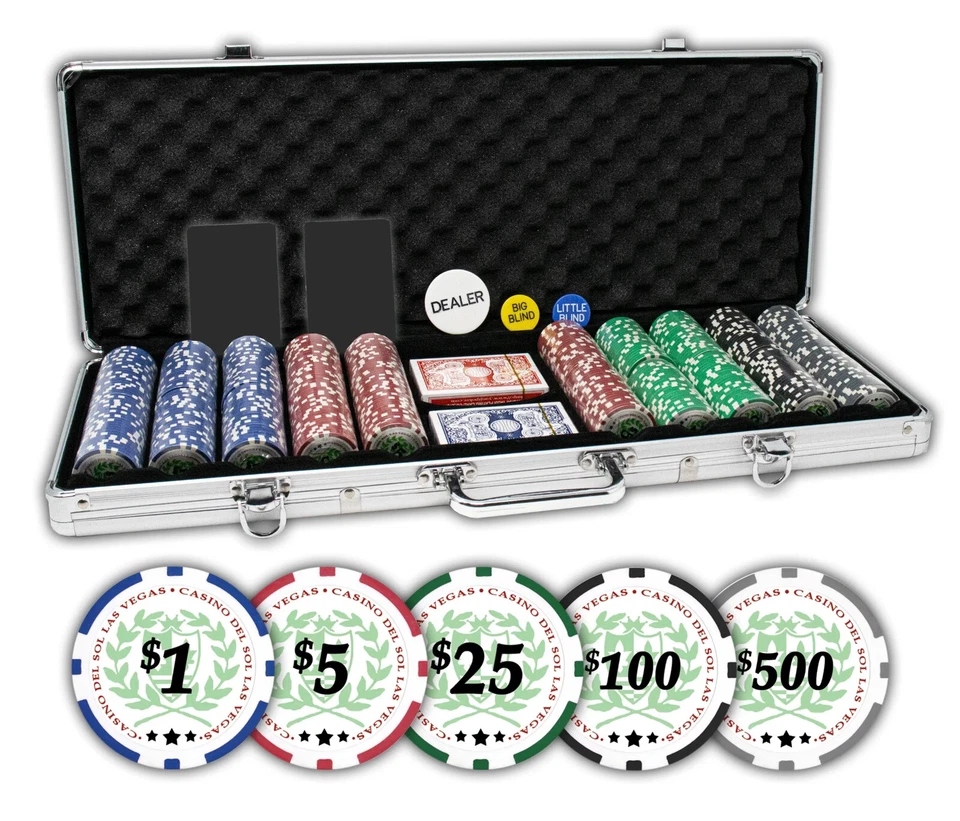 Juego de fichas de póker DA VINCI Casino Del Sol (500 fichas) con estuche y 2 barajas de cartas Foto 1 de 4