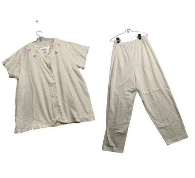 Aria Sleepwear Two Piece Set Women Large Beige Floral Short Sleeve Elastic Waist - Image 1 of 4