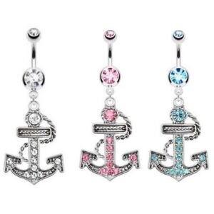 FANCY GEMMED ANCHOR SHIP BELLY NAVEL RING CZ STONE BUTTON PIERCING JEWELRY B736