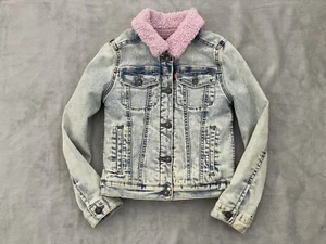 Levi’s Denim Jacket Girls 8–10 Pink Sherpa Lined Acid Wash Trucker - Picture 1 of 14