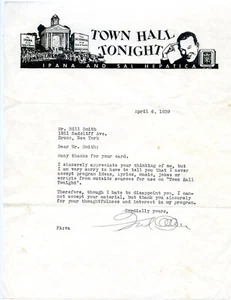 FRED ALLEN - AUTOGRAPH: Signed letter on Town Hall Tonight stationery. -REDUCED - Picture 1 of 1