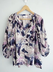 Witchery Blouse Womens 16 Purple Print V Neck Puff Sleeve Ladie Top Boho Peasant - Picture 1 of 18