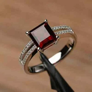 2CT Princess Cut Lab-Created Red Garnet Engagement Ring 14K White Gold Plated - Picture 1 of 6
