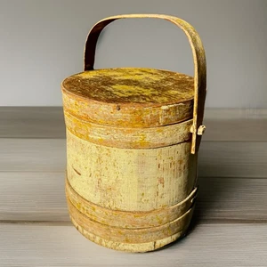 Antique Wood Firkin Sugar Bucket w/ Lid Old Paint Primitive - Picture 1 of 17