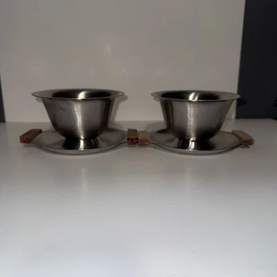 VTG 18/8 Japan Stainless Steel Gravy Boat Bowl Attached Drip Plate Wood Handles - Image 1 of 4