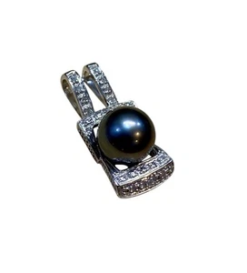 Colgante de oro blanco macizo de 14 k con perlas negras de Tahití y diamantes genuinos de 1 pulgada 3,93 g - Imagen 1 de 10