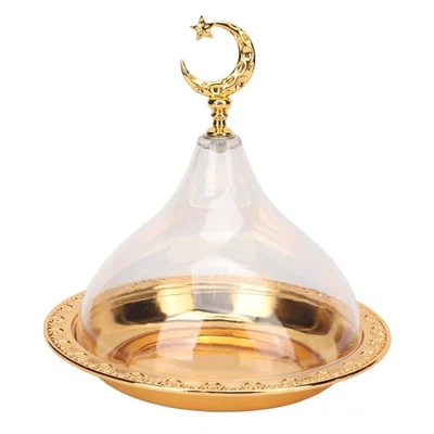 Serving Dish with Acrylic Clear Dome, Golden Vintage Serving Platter Eid Muba... - Image 1 of 4