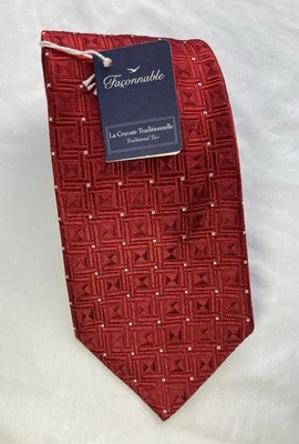 Corbata Faconnable para Hombres Roja Seda Patrón Geométrico 4” x 58” Hecha en Francia Foto 1 de 4