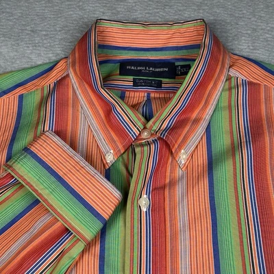 Camisa de golf vintage RL a rayas con botones para hombre XXL 100 % algodón naranja/verde Foto 1 de 4