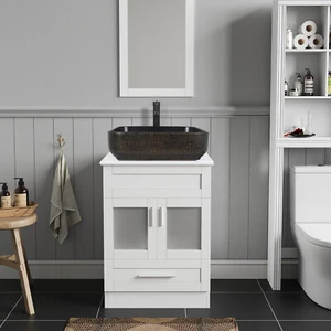 24" Badezimmer Waschtisch mit Schublade Arbeitsplatte Waschbeckenunterschrank mit Wasserhahn Pop Up Ablauf - Bild 1 von 9