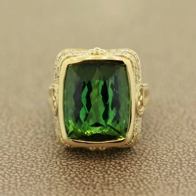 Anillo de cóctel estilo antiguo de oro con diamantes de turmalina verde 18,71 quilates Foto 1 de 4