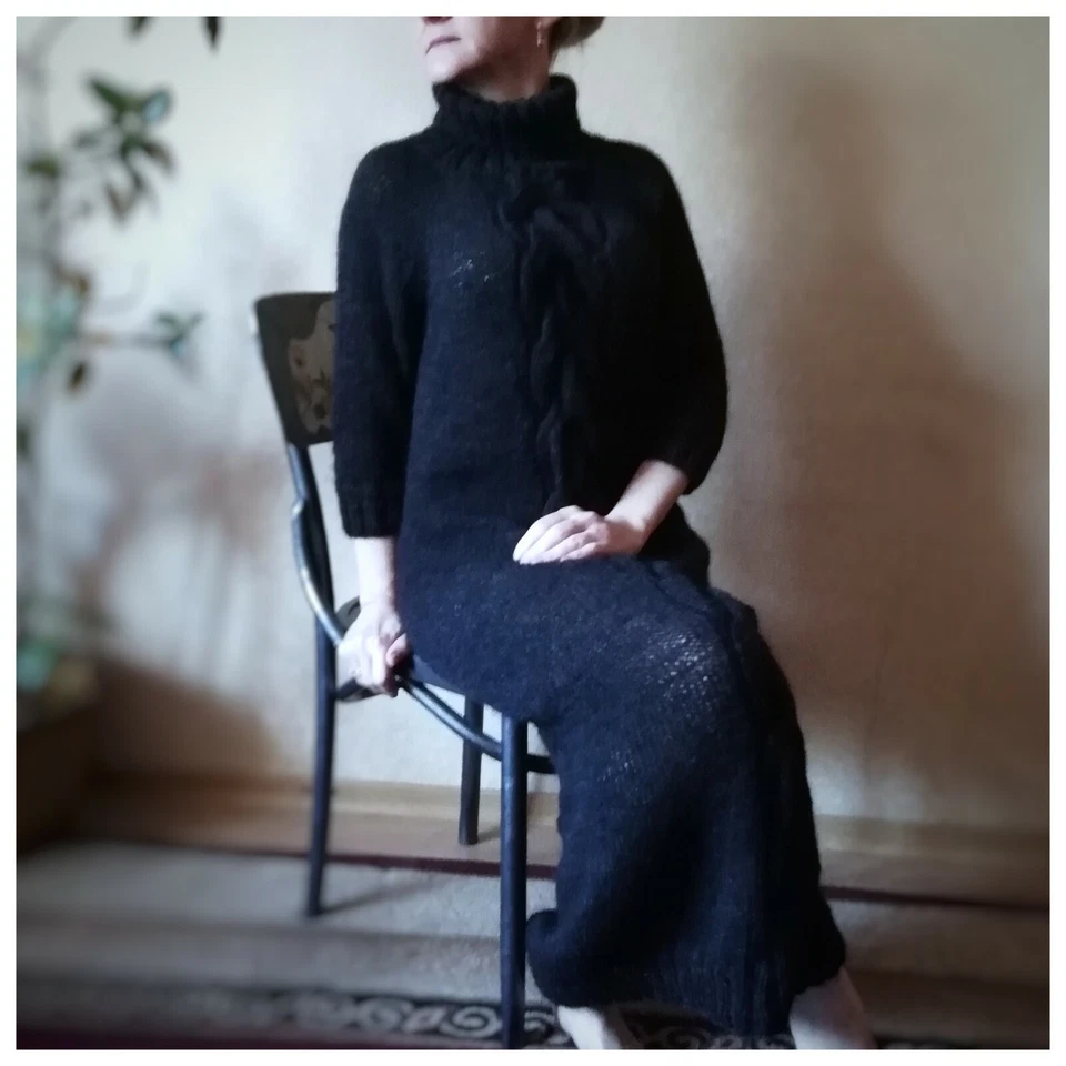 Mohair Women Knitted Dress Turtleneck Long Sweater Tunic Handmade Warm Boho Robe - Image 1 of 4