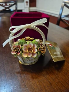 DILLARD'S CLOISONNE FLOWER BASKET CHRISTMAS ORNAMENT 2002 W/RED CASE 4" X 4.5" - Picture 1 of 7