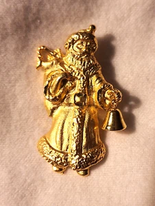 Vintage Gold Tone Father Christmas Holding Bell Brooch Pin - Picture 1 of 3